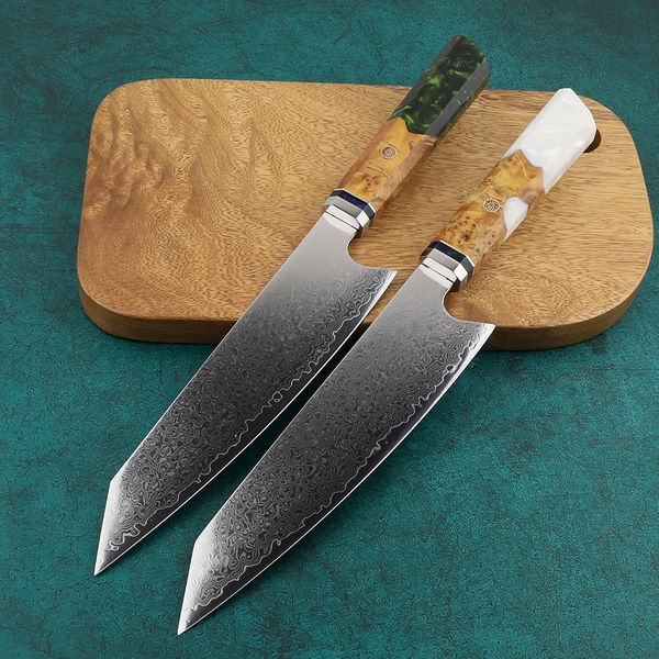 

damascus kitchen knife japan vg10 steel professional kiritsuke chef knife octagonal blue resin handle new cleaver gift hot