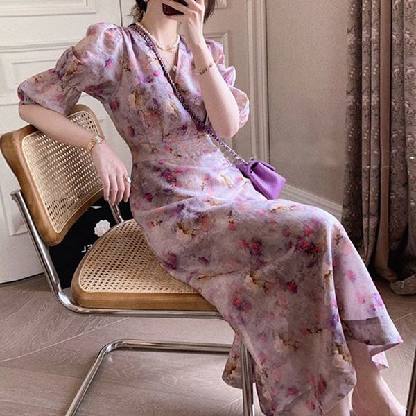 

2021 new new v-neck floral women puff sleeve long elegant korean style female clothes slim fashion retro dress summer 7s9a qaws, Black;gray