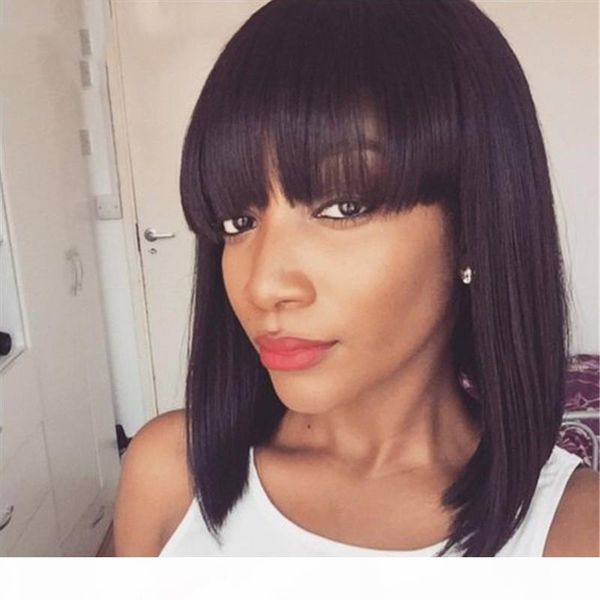 

virgin human hair full lace wig bob cut straight high density 130%150%180% lace front wig medium brown cap size wig for women, Black;brown