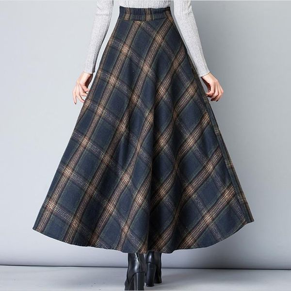 

faldas mujer moda 2020 maxi long plaid skirt women autumn winter skirt female a line high waist vintage woolen skirt fw625, Black