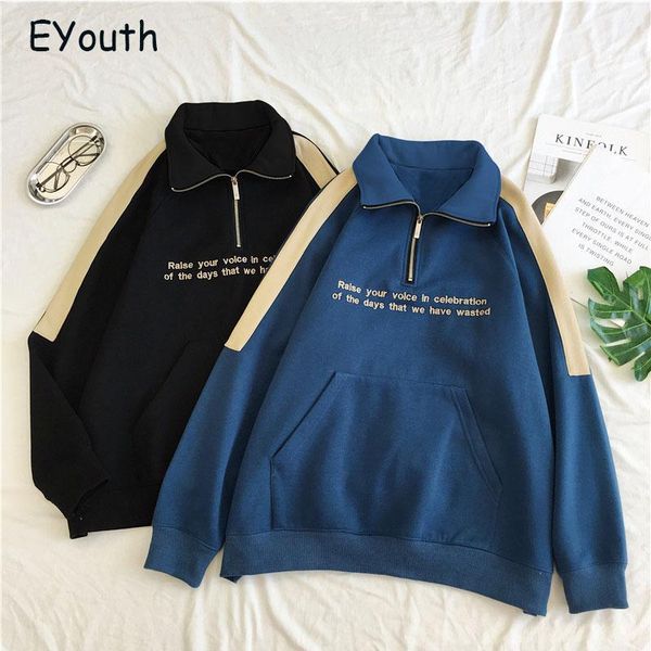 

harajuku hoodies women simple zipper korean style loose plus velvet 2020 warm patchwork turtleneck casual clothes for students, Black