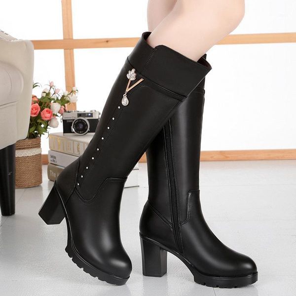 

boots women's winter high style leather women size 43 warm heel wool trend riding1, Black