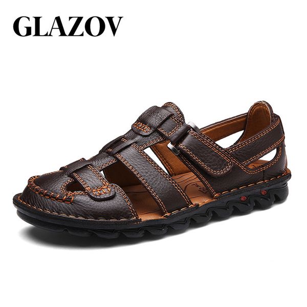 

glazov genuine leather men sandals shoes fretwork breathable fisherman shoes style retro gladiator summer men business shoes t200420, Black