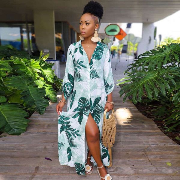 

women's print off big shirt shelf al052 palm leaf ins style dress net, Black;gray