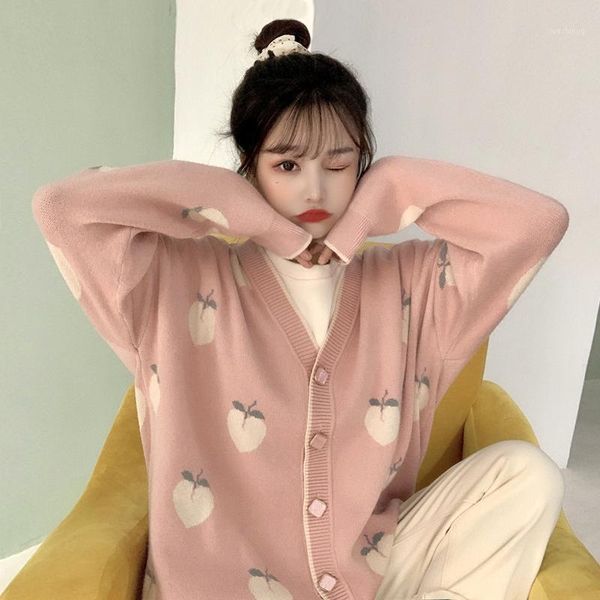 

women sweater peach pattern loose sweet knit sweaters v-neck long sleeve single-breasted cardigans casual fashion sweater coat1, White