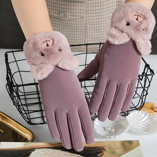 

women winter touch screen female cute bear embroidery bow driving gloves plus velvet thicken suede warm cycling glove h54, Blue;gray