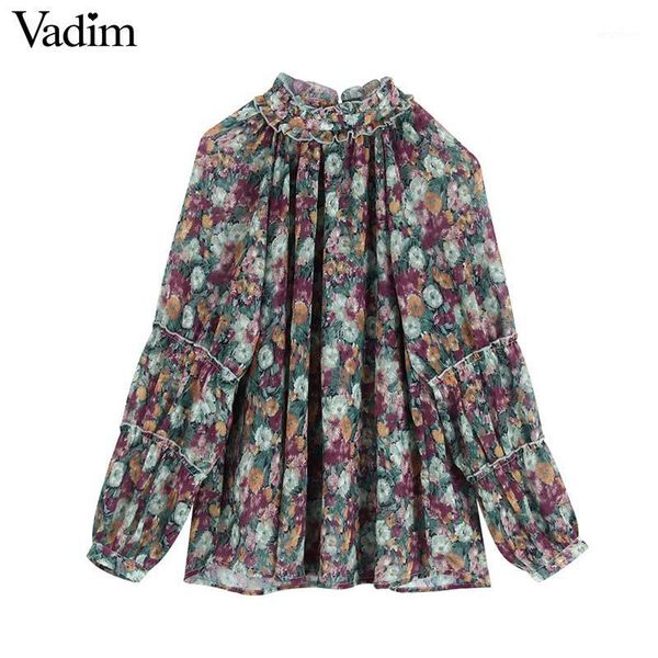

women's blouses & shirts vadim women chic oversized floral pattern blouse see through lantern sleeve shirt female casual vintage loose, White