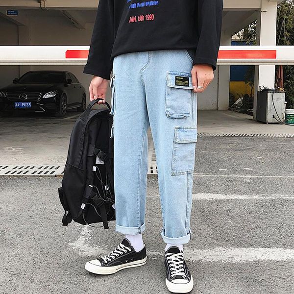 

spring fashion korean version of the tooling style jeans multi-pocket trend wide leg pants loose casual jeans size s-3xl, Blue