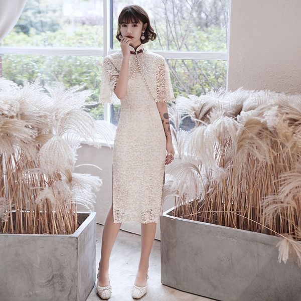 

spring and dress cheongsamlace cheongsamsummer 2020 new stand collar lace cheongsam shawl fashion temperament medium long improved girl cheo, Black;gray