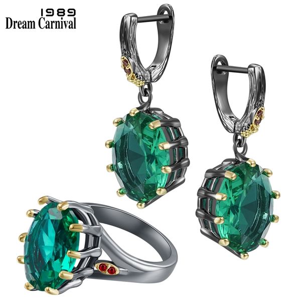 

dreamcarnival1989 big green zircon ring earrings set for women delicate fine cut dazzling prong bridal jewelry sell er4034s2 201222, Slivery;crystal