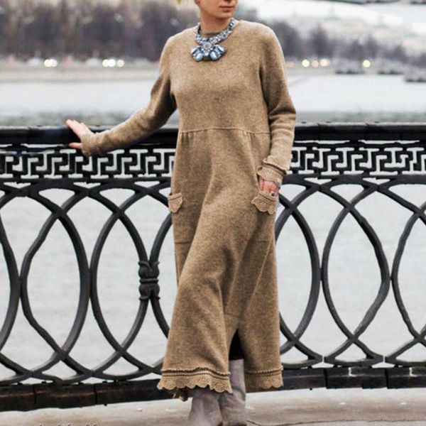

plus size vintage women autumn winter long sleeve lacework hem knit maxi dress casual female fashion dress1, Black;gray