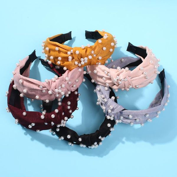 

2020 pearls turban bezel elastic hairband solid coral cloth knotted hair band korean women sweet soft hair hoop accessories, Golden;silver