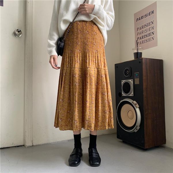

hzirip women pleated skirt 2021 new spring korean style elastic high waist all-match solid a-line vintage floral skirts womens, Black