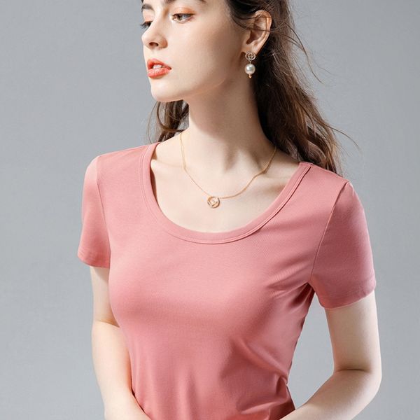 

short sleeve women's 2020 summer new women's wear korean round neck solid color basic elastic collarbone half cotton t-shirt sleev, White