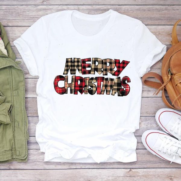 

women christmas clothing plaid letter printing trend new year print lady t shirts tshirt ladies graphic female tee t shirt, White