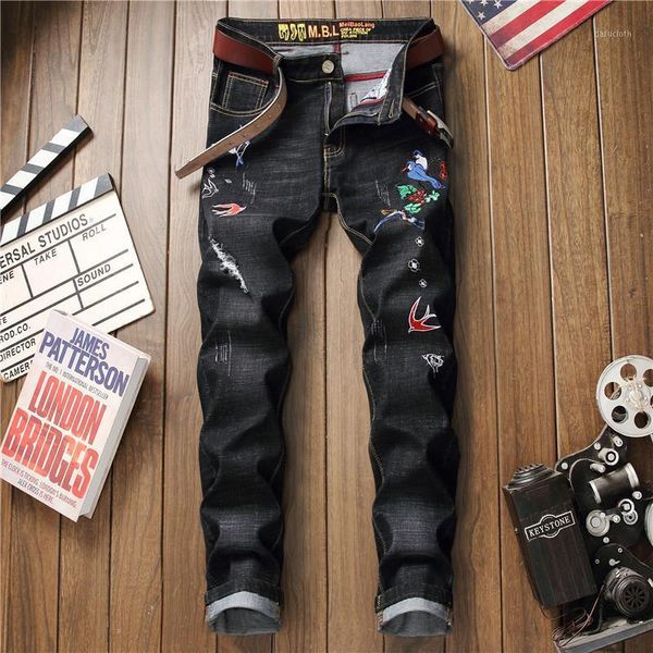 

men jeans denim trendy brand new korean embroidery embroidery hole begging trousers trendy feet design printed brand jeans1, Blue