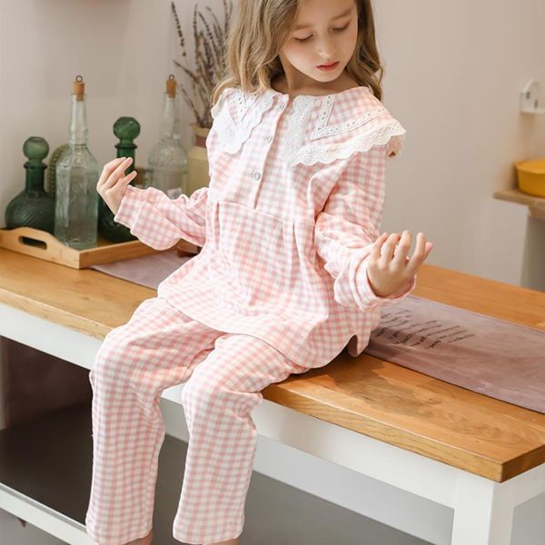 

new 2pcs/set children pajamas baby girls lace sleepwear long sleeves plaid wear kids homeclothes girl clothing princess ws1407 c1019, Blue;red