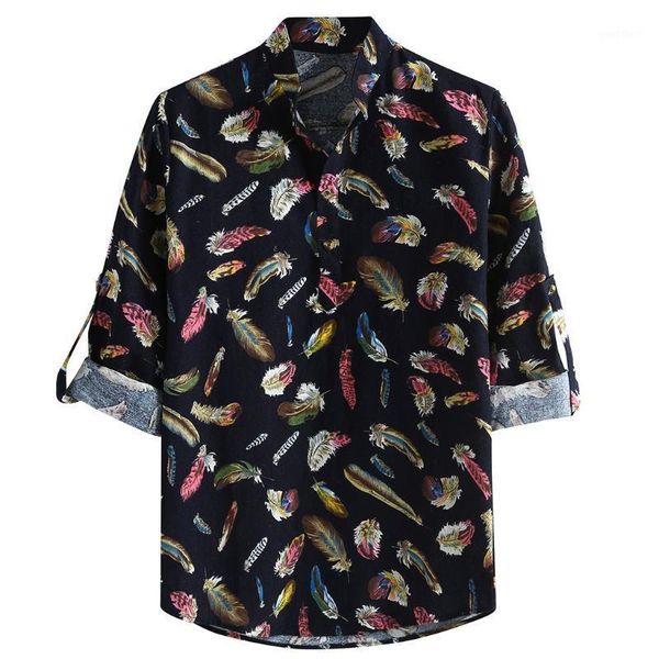 

2020 men blue color shirt summer breathable vintage slim broadcloth shirt casual male printed stand plus size1, White;black