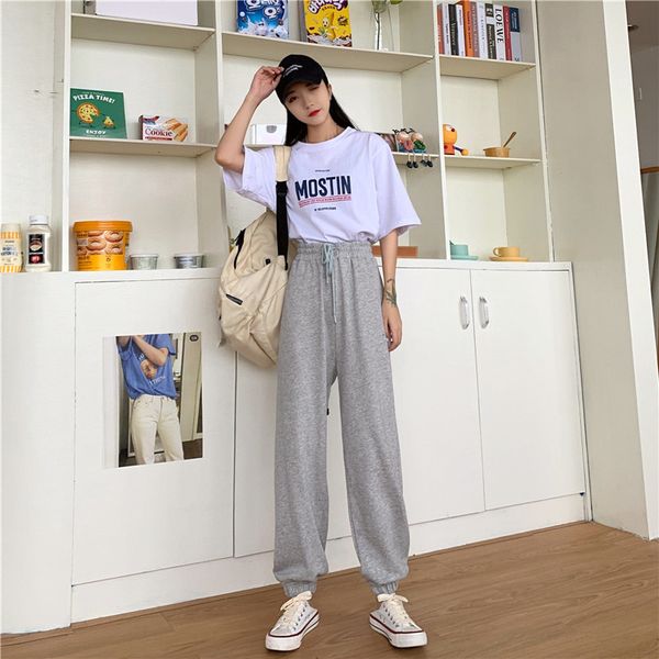 

2021 new loose in a straight line ankle-length soft women's sweatpants elastic waist high pants ds501052 ny2x, Black;white