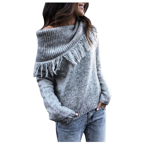 

women's fashion womens sweaters knitted scarf collar plain pullover long sleeve sweater printed pullover, White;black