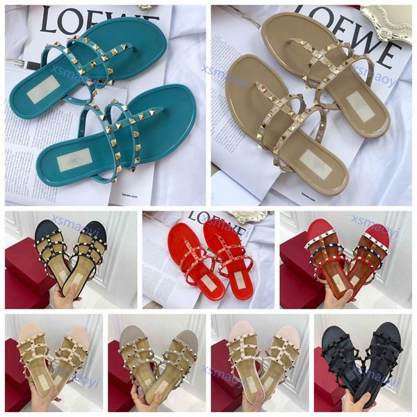 

2021 fashion summer flat sandals slippers women's shoes rivets shine design beach drafts 35-40, Black;red