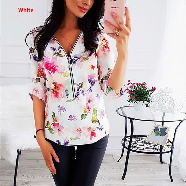 

women's blouses & shirts zipper v-neck pullover printed long sleeve pull shirt summer women, White