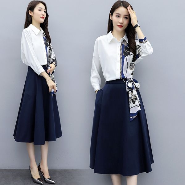 

рубашка женская двухкусочный весна и осень 2020 новый размер женской моды тонкий шифон костюм юбка платье костюм платье i5lze, Gray