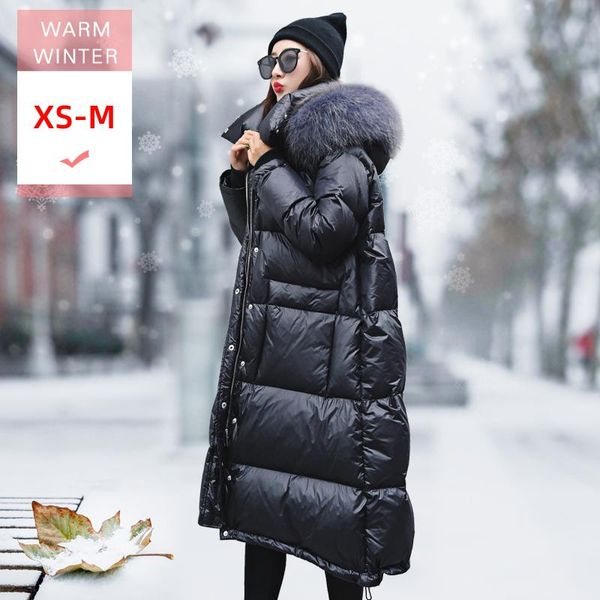 

new winter real raccoon fur collar long white duck down jacket with dood female loose thick casual warm zipper lovers' clothes, Black