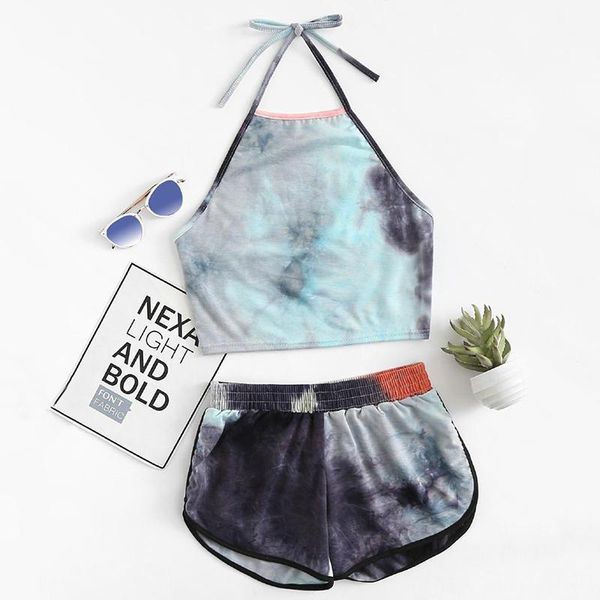 

fashion print tie-dye homewear set halter bandage sleeveless backless crop elastic waist shorts casual tank shorts set1, White;red