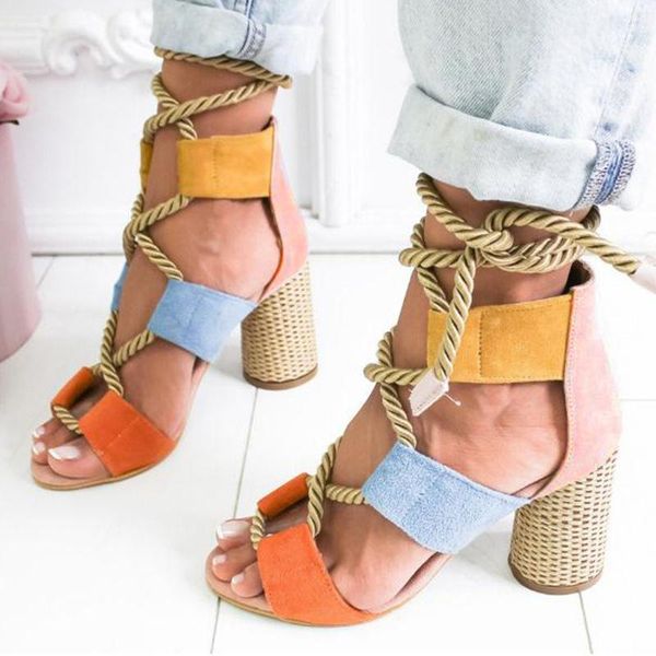 

womens shoes heels party high rope lace high-heeled straps with thick color matching large size women's sandals35-43#, Black