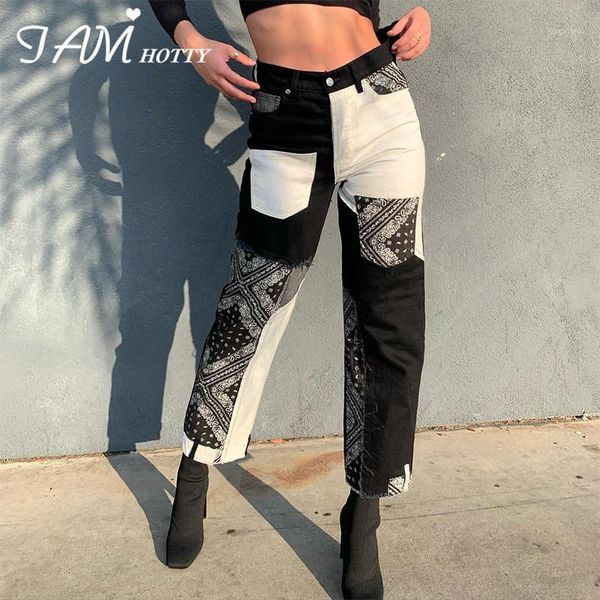 

vintage aesthetic floral print patchwork women's jeans harajuku y2k black high waist baggy trouser streetwear fashion iamy1, Blue