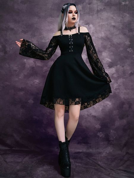 

cold shoulder grommet lace up dress v5vk#, Black;gray