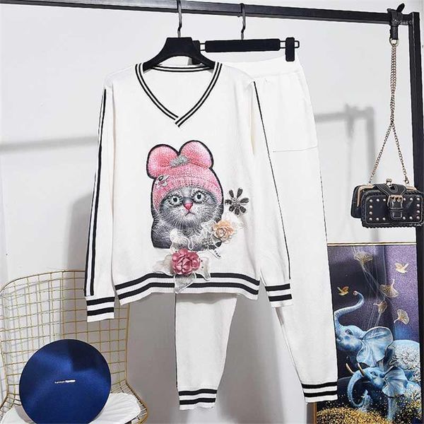 

2020 new spring tracksuit women set fashion cat long sleeve knitted sweater + casual long pants two piece set women clothes1, Gray