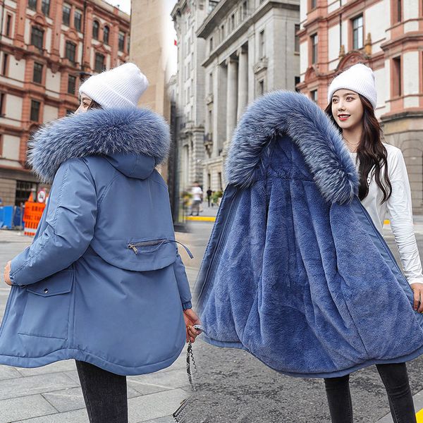 

fashion warm velvet liner hooded down parkas coat winter jacket women adjustable waist fur collar jacket female parkas 2021 new t200930, Black