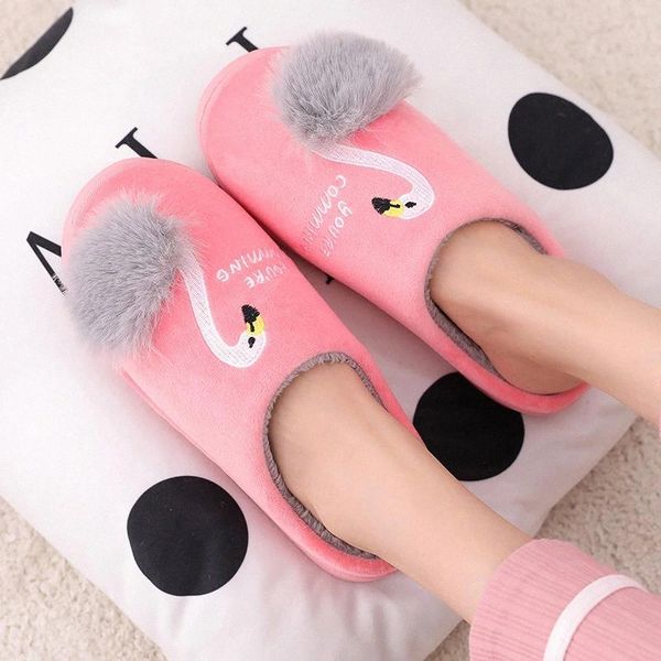 

women winter house slippers 2019 new cute flamingo non-slip soft fur plush warm indoor bedroom home shoes ladies furry slides #cf6r, Black