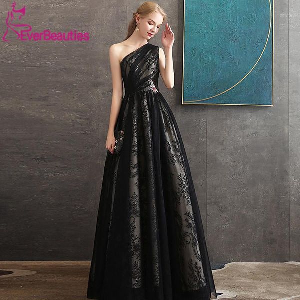 

vestidos de gala a-line black prom dresses long 2020 one shoulder tulle appliques vestidos de fiesta largos vestido festa1, White;black