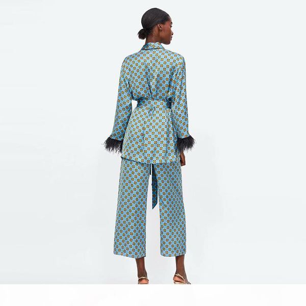 

summer women two piece set vintage think satin chiffon tassels feather sashes elastic suit long pants women sets, White