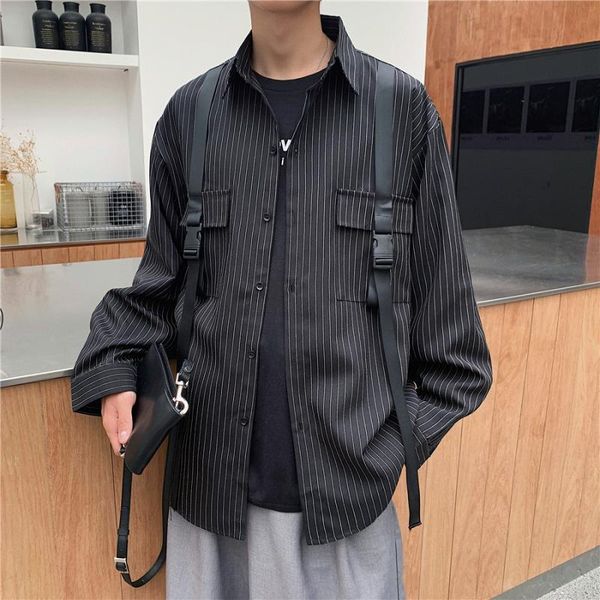 

black casual shirts men large size vintage blouse stripes long sleeve men's shirt baggy streetwear clothes males loose button, White;black