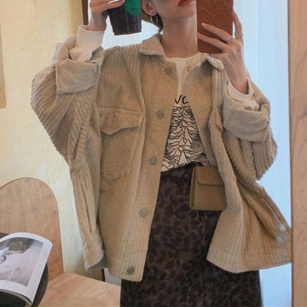 

women's jackets 2021 retro single-breasted loose corduroy jacket women autumn winter solid long-sleeved coat female drop, Black;brown