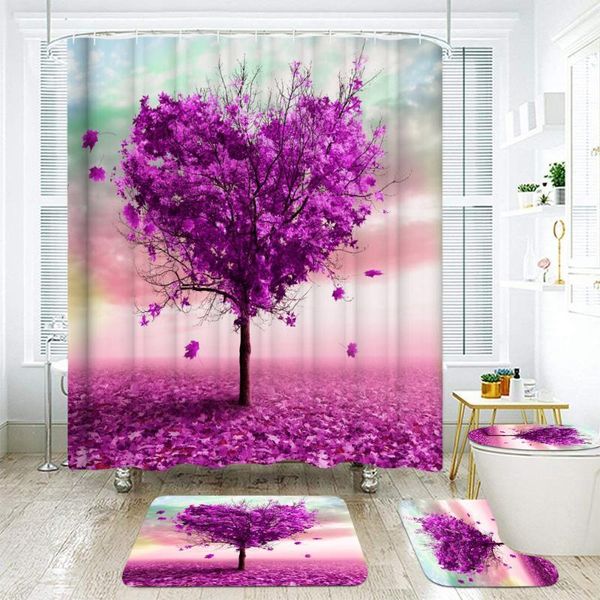 

valentine's day love tree shower curtains bathroom curtain waterproof purple maple toilet cover mat non-slip bath rug set1