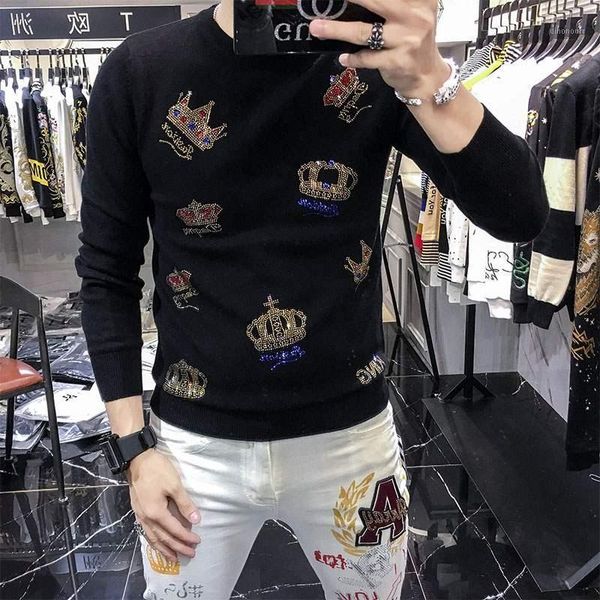 

men's sweaters 2021autumn and wintermen's round neck sweater fashion crown drilling casual slim warm knit pullover1, White;black