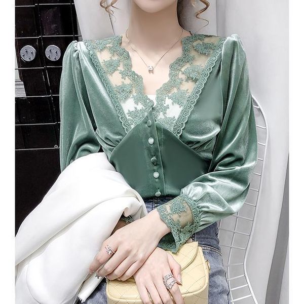 

2020 autumn women retro french lady lace stitching gold velvet v-neck blouse female high waist back bow short shirt, White