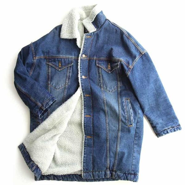 

2020 new arrival korean fashion ladies fleece lined winter denim coat long loose warm jean jacket fur lining overcoat outwear, Tan;black
