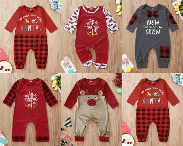 

baby girl boy romper jumpsuits first christmas red santa claus elk printed grid long sleeve snowman born with pocket ins, Blue