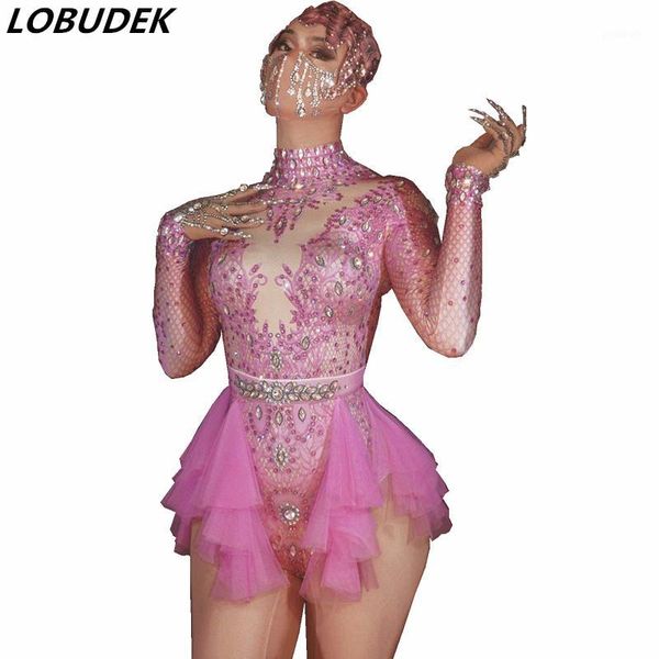 

women's jumpsuits & rompers pink sparkly rhinestones printed lace bodysuit elastic skinny long sleeve leotard stage wear lady birthday, Black;white