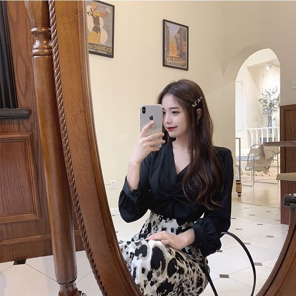 

x4y8q womensleeved рубашку юбку на французском языке 2020 долго skirtshirt давно установлен весной и высокий новый леопард печати осень тали, Gray