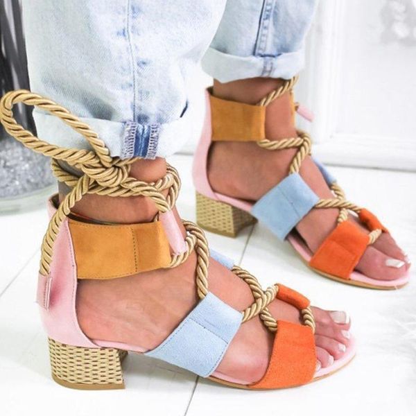 

bonjean summer women mid heels sandals lace up mix color gladiator ladies shoes open toe ankle strap roman sandals big size, Black