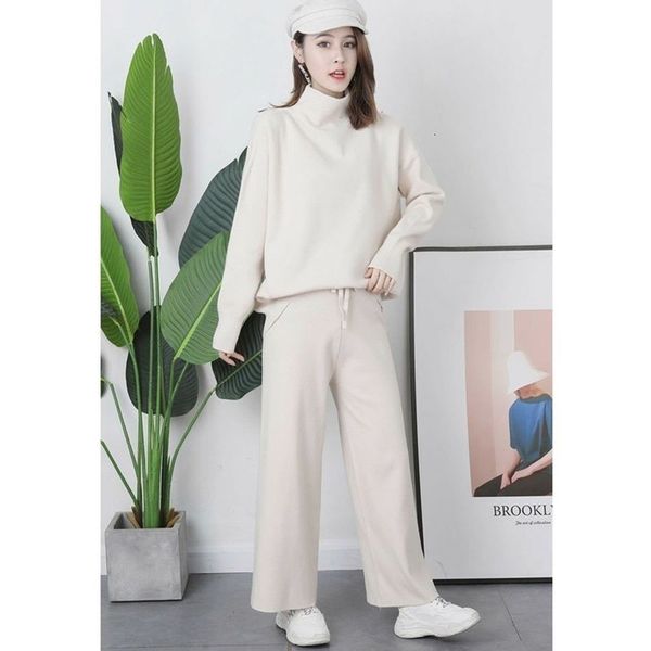 

2021 new female sportswoman two-piece solid knitted suits knit knitting hoodie empire waist wide leg women's pants winter fashion okze, Gray