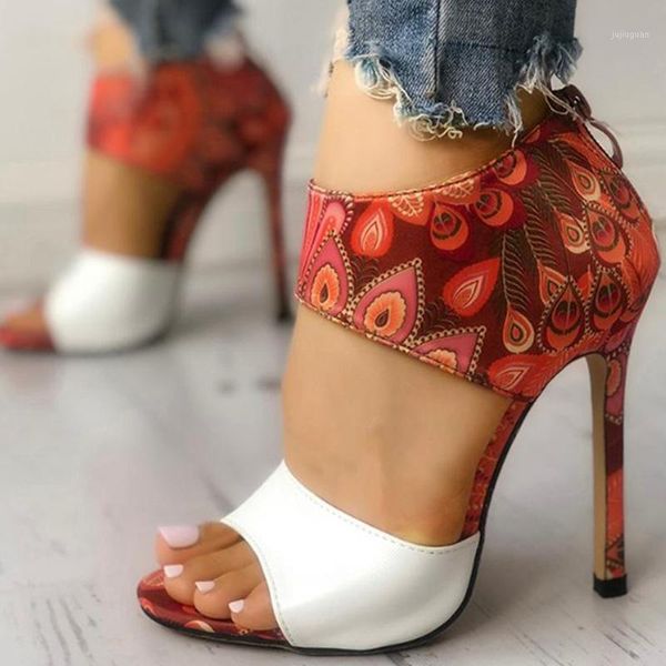 

2020 women summer sandals ladies high heels print stilettos pumps mixed color peep toe female zipper shoes woman plus size1, Black