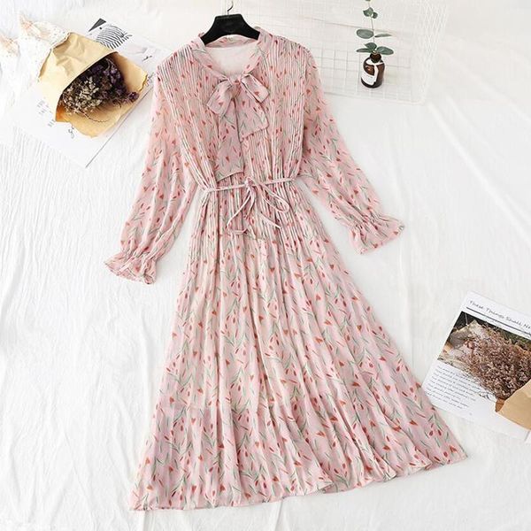 

casual dresses elegant women floral print midi dress female long sleeve pleated chiffon vintage bow ruffle a-line vestido, Black;gray